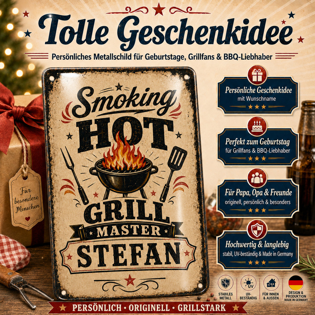 Smoking Hot – Grill Master mit Wunschname – personalisiertes Leotie Metallschild, 20 × 30 cm – Produktabbildung 3