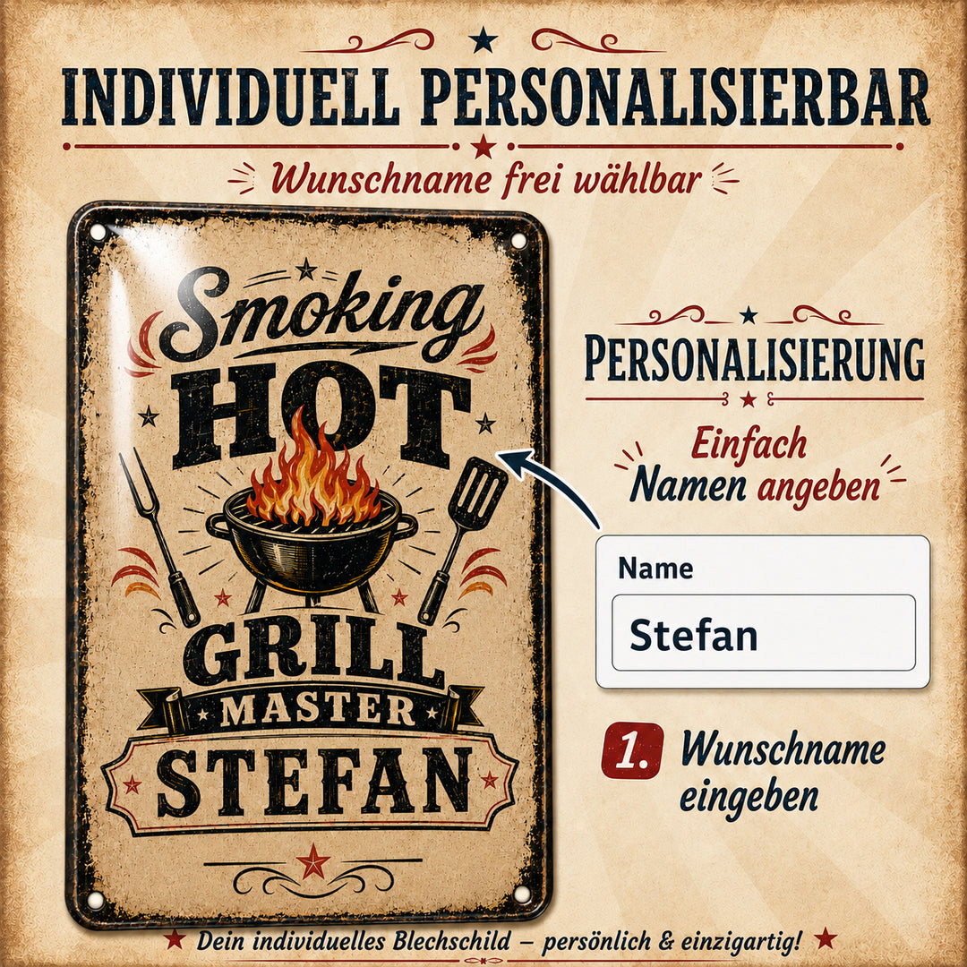 Smoking Hot – Grill Master mit Wunschname – personalisiertes Leotie Metallschild, 20 × 30 cm – Produktabbildung 5