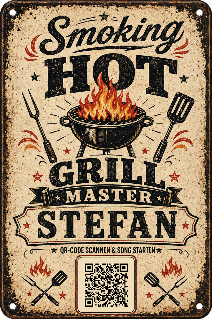 Smoking Hot – Grill Master mit Wunschname – personalisiertes Blechschild – Ausführung mit QR-Code für einen persönlichen Song, 20 × 30 cm