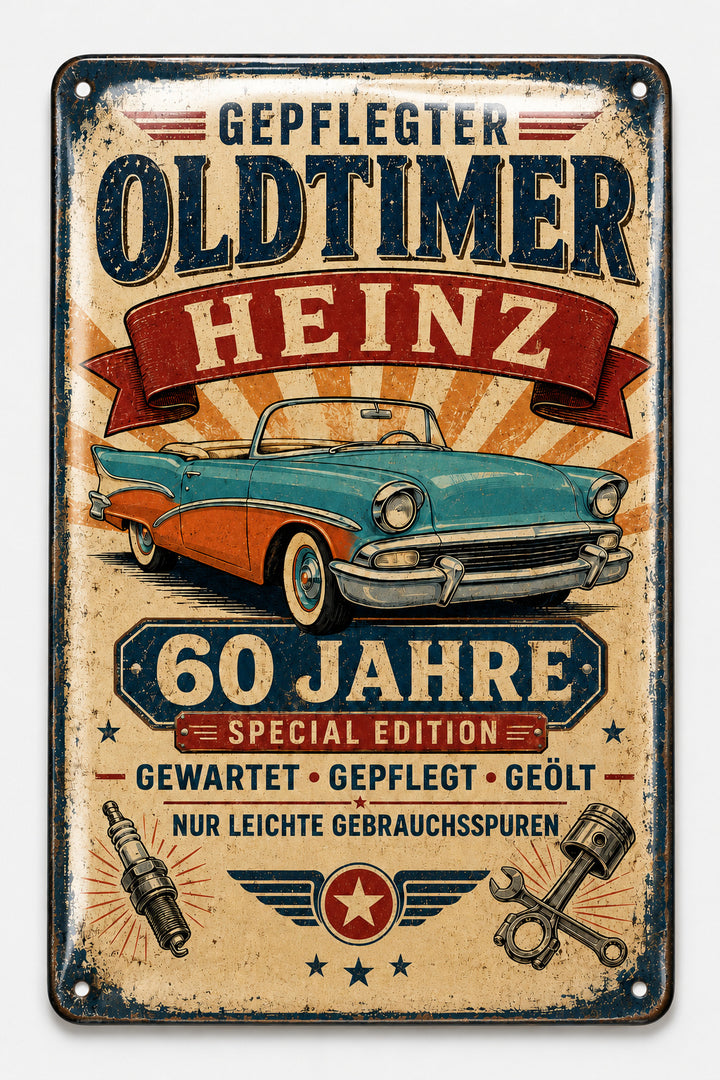 Gepflegter Oldtimer – Cabrio in Türkis &amp; Orange – personalisiertes Leotie Metallschild, 20 × 30 cm – Motivansicht