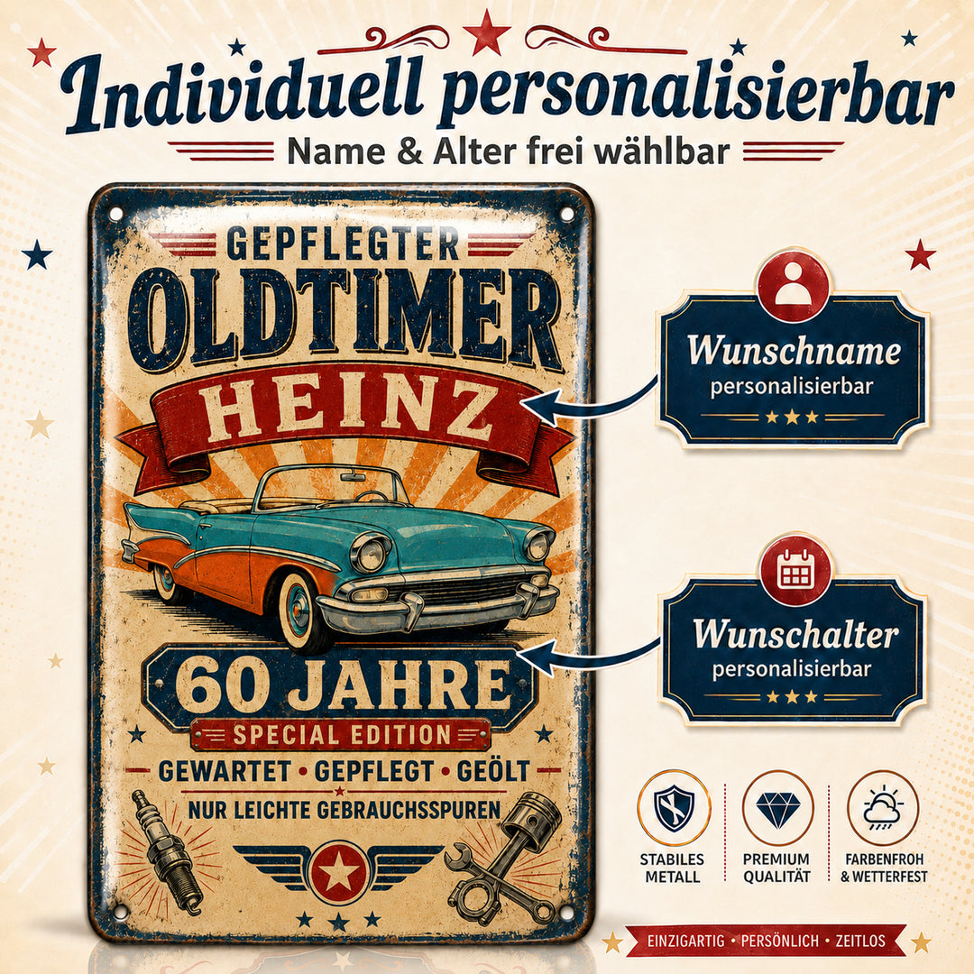 Gepflegter Oldtimer – Cabrio in Türkis &amp; Orange – personalisiertes Leotie Metallschild, 20 × 30 cm – Produktabbildung 2