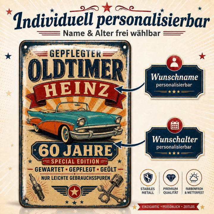 Gepflegter Oldtimer – Cabrio in Türkis &amp; Orange – personalisiertes Leotie Metallschild, 20 × 30 cm – Produktabbildung 2
