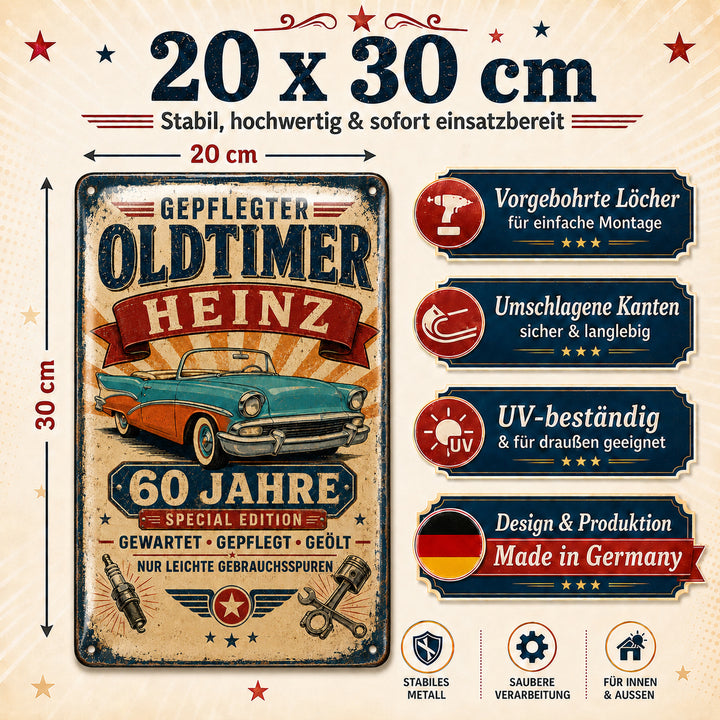 Gepflegter Oldtimer – Cabrio in Türkis &amp; Orange – personalisiertes Leotie Metallschild, 20 × 30 cm – Produktabbildung 5