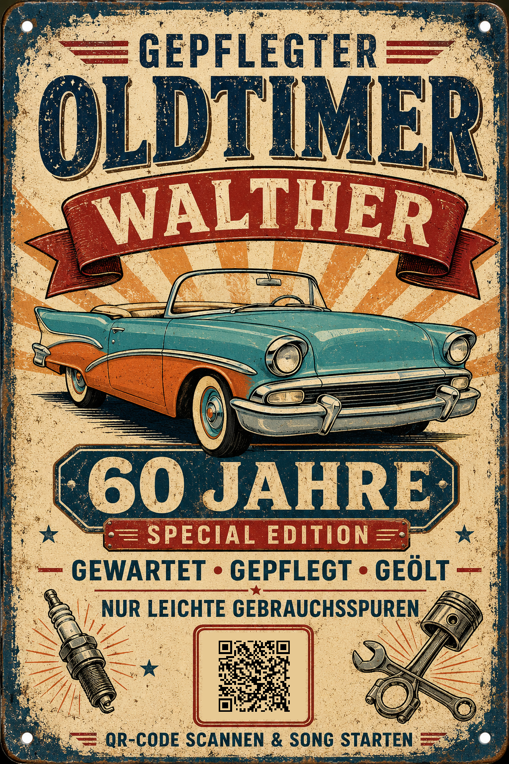 Gepflegter Oldtimer – Cabrio in Türkis &amp; Orange – personalisiertes Blechschild – Ausführung mit QR-Code für einen persönlichen Song, 20 × 30 cm