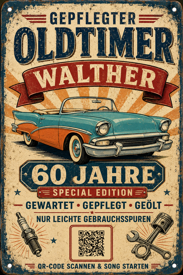 Gepflegter Oldtimer – Cabrio in Türkis &amp; Orange – personalisiertes Blechschild – Ausführung mit QR-Code für einen persönlichen Song, 20 × 30 cm