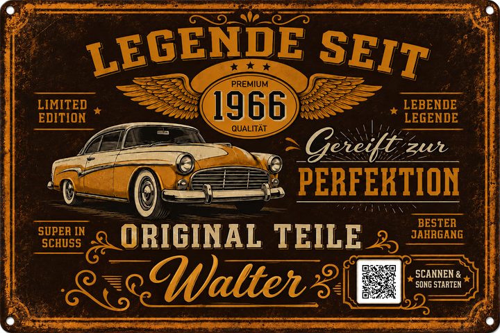 Legende seit – Gereift zur Perfektion – personalisiertes Blechschild – Ausführung mit QR-Code für einen persönlichen Song, 20 × 30 cm
