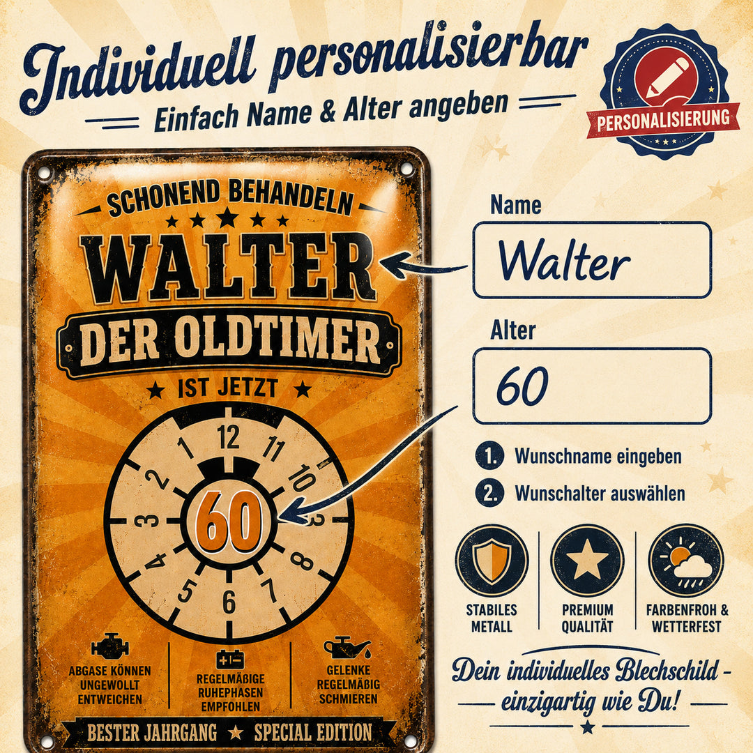 Schonend behandeln – Der Oldtimer ist jetzt älter – personalisiertes Leotie Metallschild, 20 × 30 cm – Produktabbildung 2