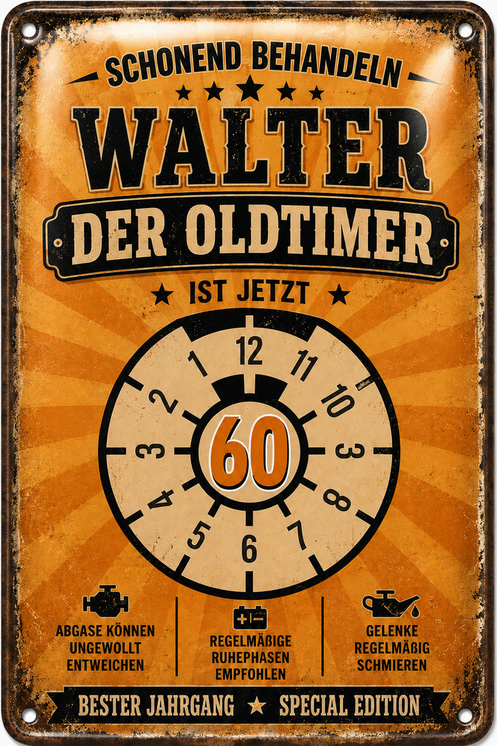 Schonend behandeln – Der Oldtimer ist jetzt älter – personalisiertes Leotie Metallschild, 20 × 30 cm – Motivansicht