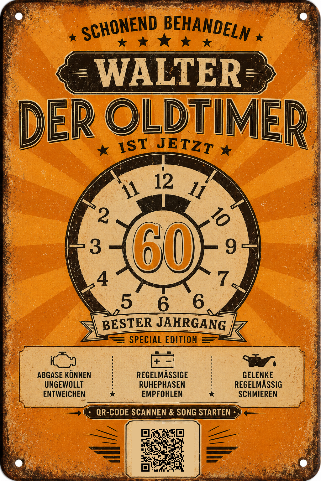 Schonend behandeln – Der Oldtimer ist jetzt älter – personalisiertes Blechschild – Ausführung mit QR-Code für einen persönlichen Song, 20 × 30 cm