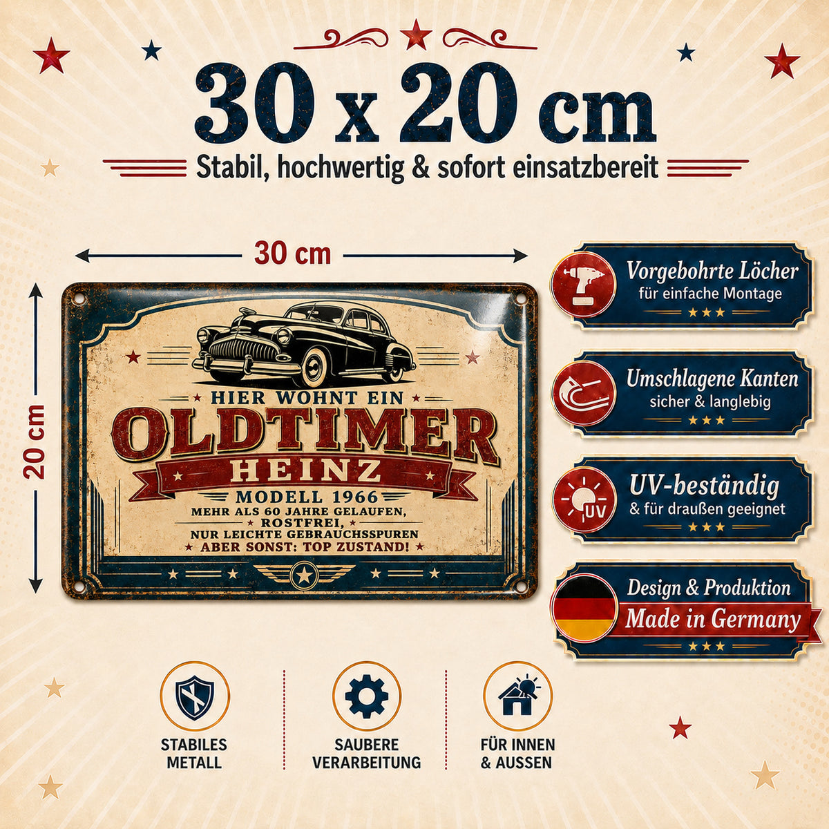 Hier wohnt ein Oldtimer – Modell mit Geschichte – personalisiertes Leotie Metallschild, 30 × 20 cm – Produktabbildung 2