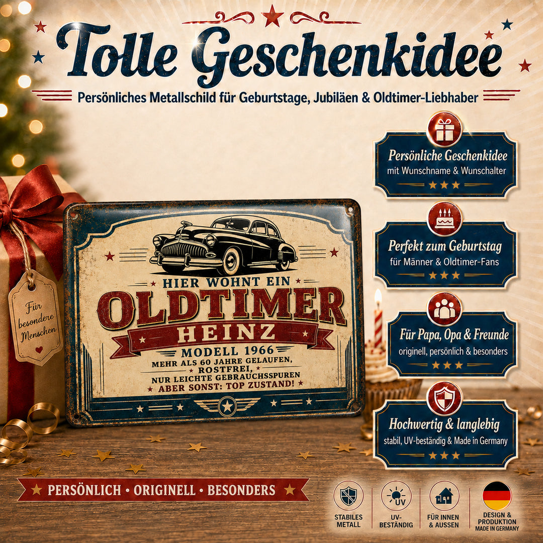 Hier wohnt ein Oldtimer – Modell mit Geschichte – personalisiertes Leotie Metallschild, 30 × 20 cm – Produktabbildung 4
