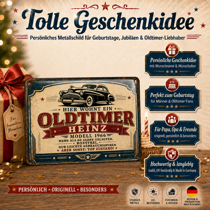 Hier wohnt ein Oldtimer – Modell mit Geschichte – personalisiertes Leotie Metallschild, 30 × 20 cm – Produktabbildung 4