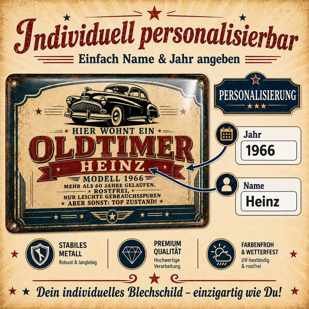 Hier wohnt ein Oldtimer – Modell mit Geschichte – personalisiertes Leotie Metallschild, 30 × 20 cm – Produktabbildung 5