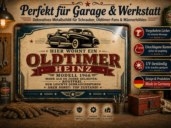 Hier wohnt ein Oldtimer – Modell mit Geschichte – personalisiertes Leotie Metallschild, 30 × 20 cm – Produktabbildung 6