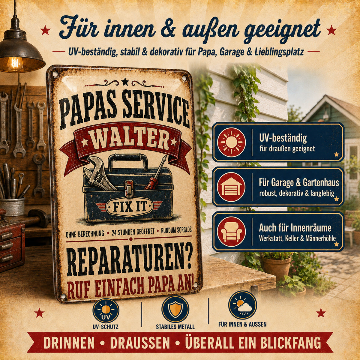 Papas Service – Reparaturen? Ruf einfach Papa an! – personalisiertes Leotie Metallschild, 20 × 30 cm – Produktabbildung 2