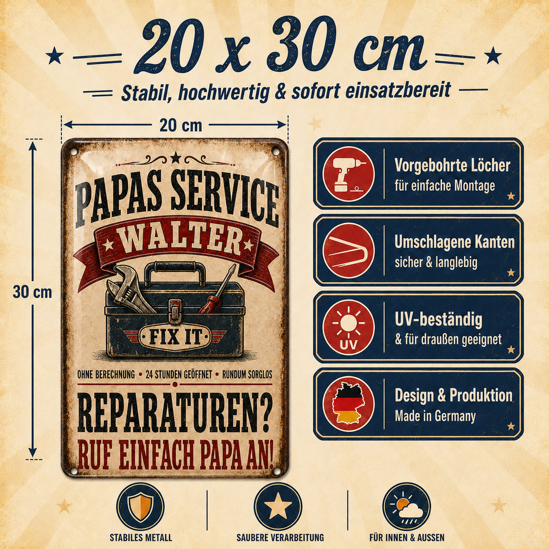 Papas Service – Reparaturen? Ruf einfach Papa an! – personalisiertes Leotie Metallschild, 20 × 30 cm – Produktabbildung 3