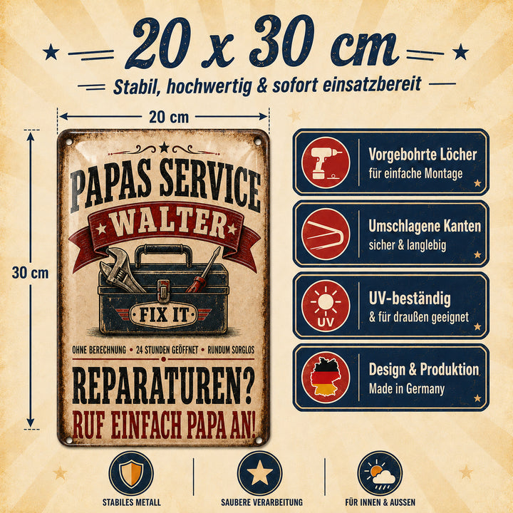 Papas Service – Reparaturen? Ruf einfach Papa an! – personalisiertes Leotie Metallschild, 20 × 30 cm – Produktabbildung 3
