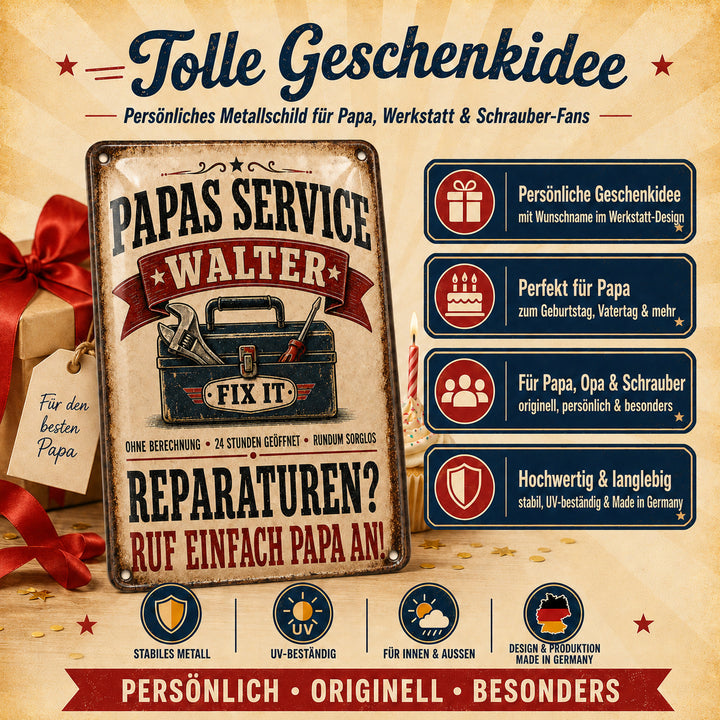 Papas Service – Reparaturen? Ruf einfach Papa an! – personalisiertes Leotie Metallschild, 20 × 30 cm – Produktabbildung 4