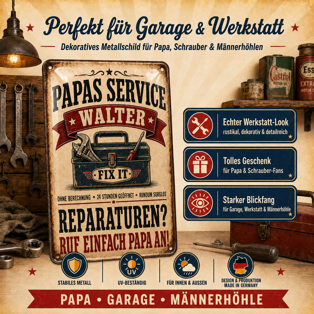 Papas Service – Reparaturen? Ruf einfach Papa an! – personalisiertes Leotie Metallschild, 20 × 30 cm – Produktabbildung 6