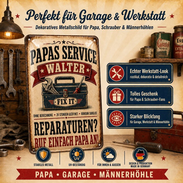 Papas Service – Reparaturen? Ruf einfach Papa an! – personalisiertes Leotie Metallschild, 20 × 30 cm – Produktabbildung 6