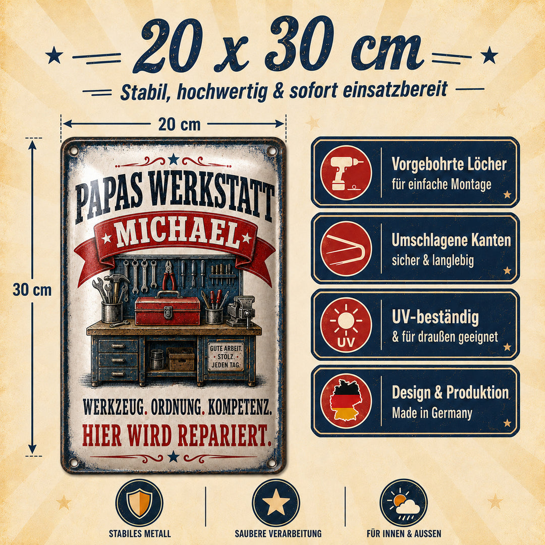 Papas Werkstatt – Hier wird repariert – personalisiertes Leotie Metallschild, 20 × 30 cm – Produktabbildung 2