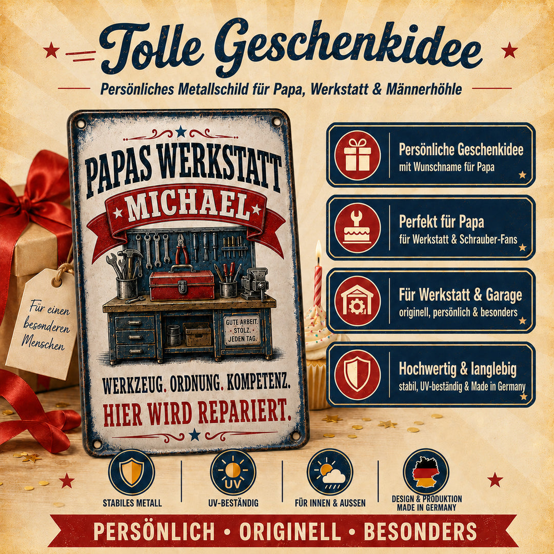 Papas Werkstatt – Hier wird repariert – personalisiertes Leotie Metallschild, 20 × 30 cm – Produktabbildung 3