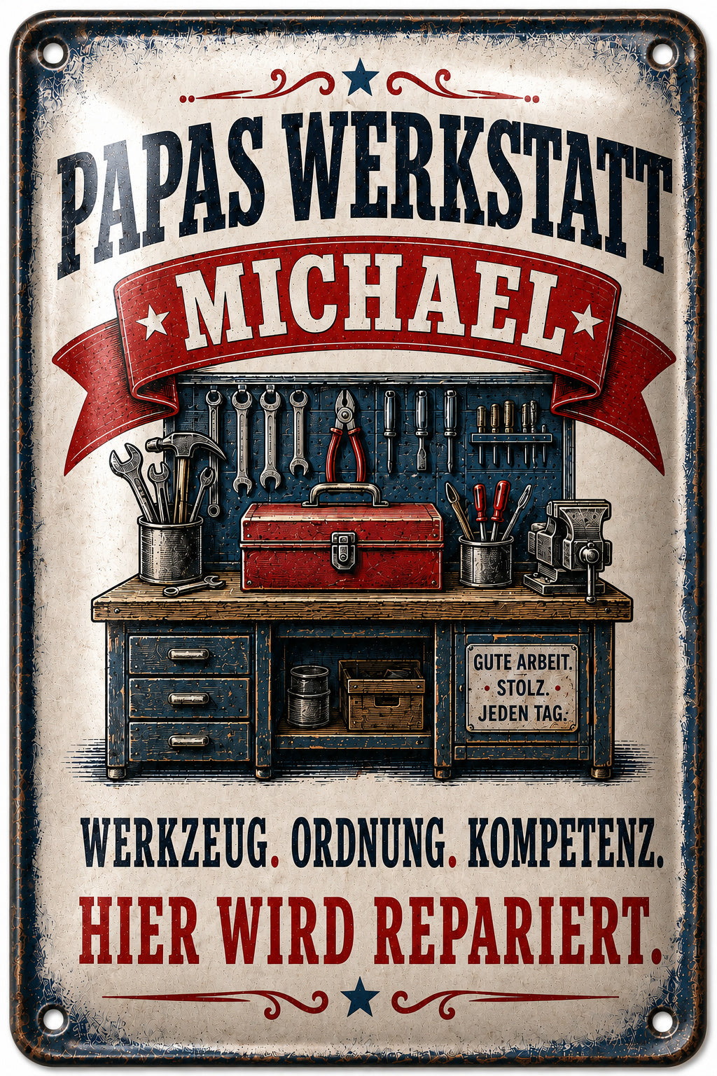 Papas Werkstatt – Hier wird repariert – personalisiertes Leotie Metallschild, 20 × 30 cm – Motivansicht