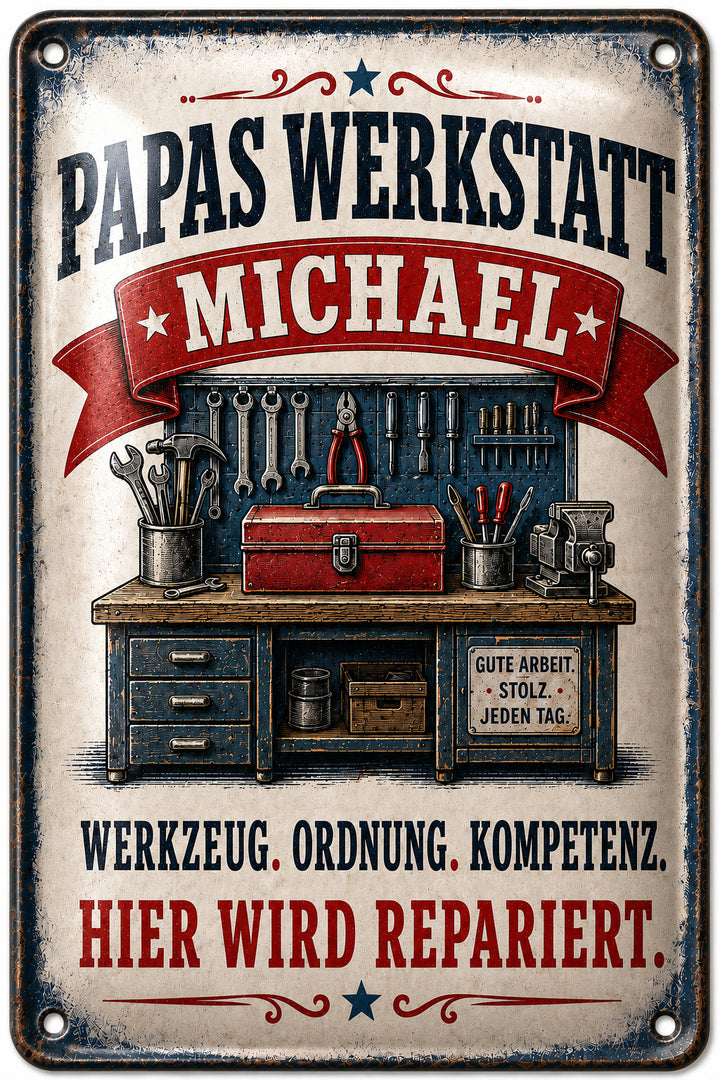 Papas Werkstatt – Hier wird repariert – personalisiertes Leotie Metallschild, 20 × 30 cm – Motivansicht