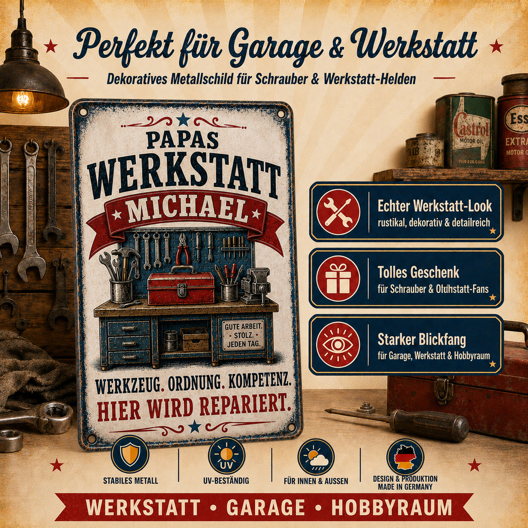 Papas Werkstatt – Hier wird repariert – personalisiertes Leotie Metallschild, 20 × 30 cm – Produktabbildung 4