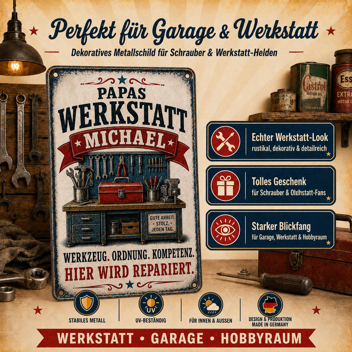Papas Werkstatt – Hier wird repariert – personalisiertes Leotie Metallschild, 20 × 30 cm – Produktabbildung 4