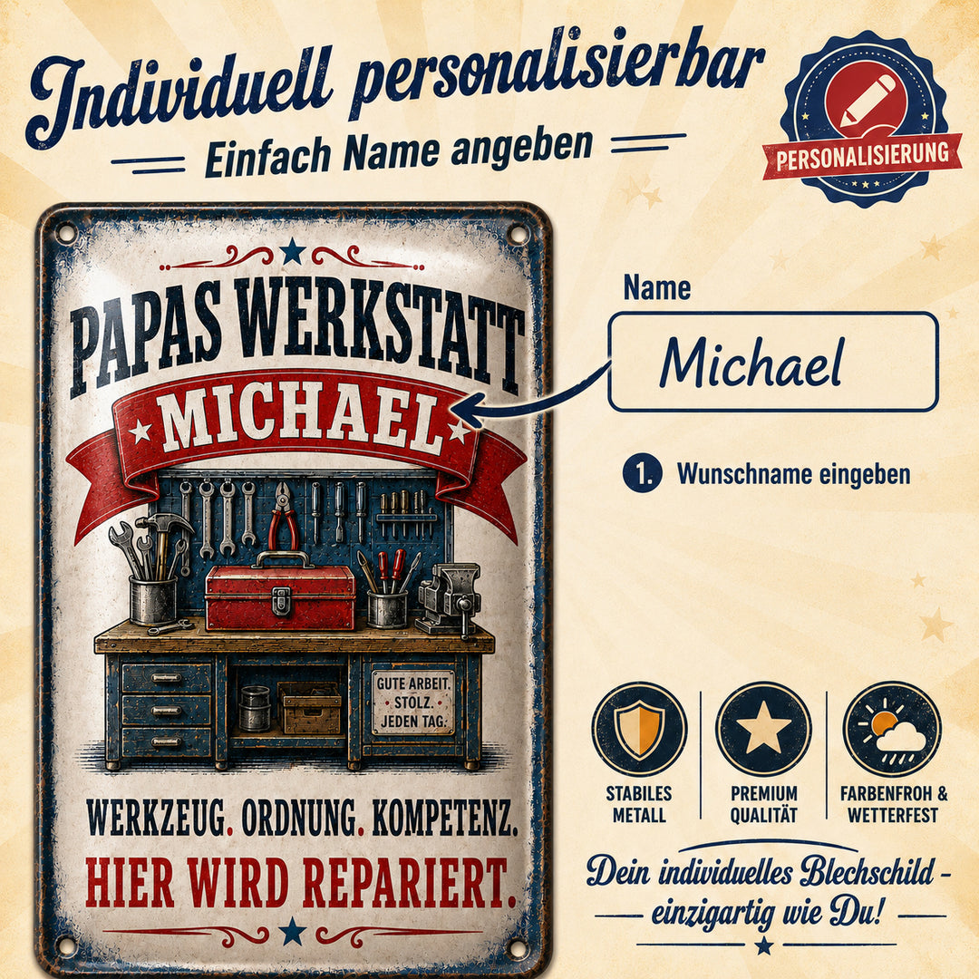Papas Werkstatt – Hier wird repariert – personalisiertes Leotie Metallschild, 20 × 30 cm – Produktabbildung 6