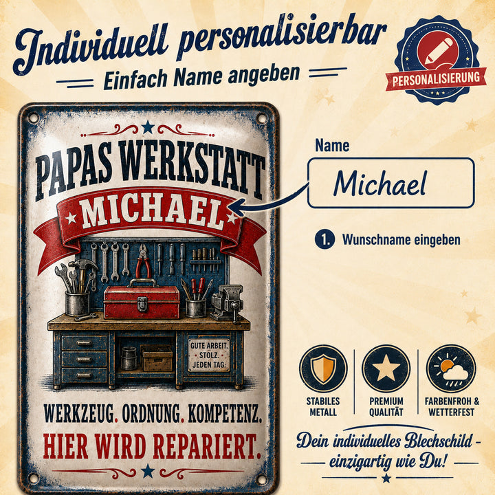 Papas Werkstatt – Hier wird repariert – personalisiertes Leotie Metallschild, 20 × 30 cm – Produktabbildung 6