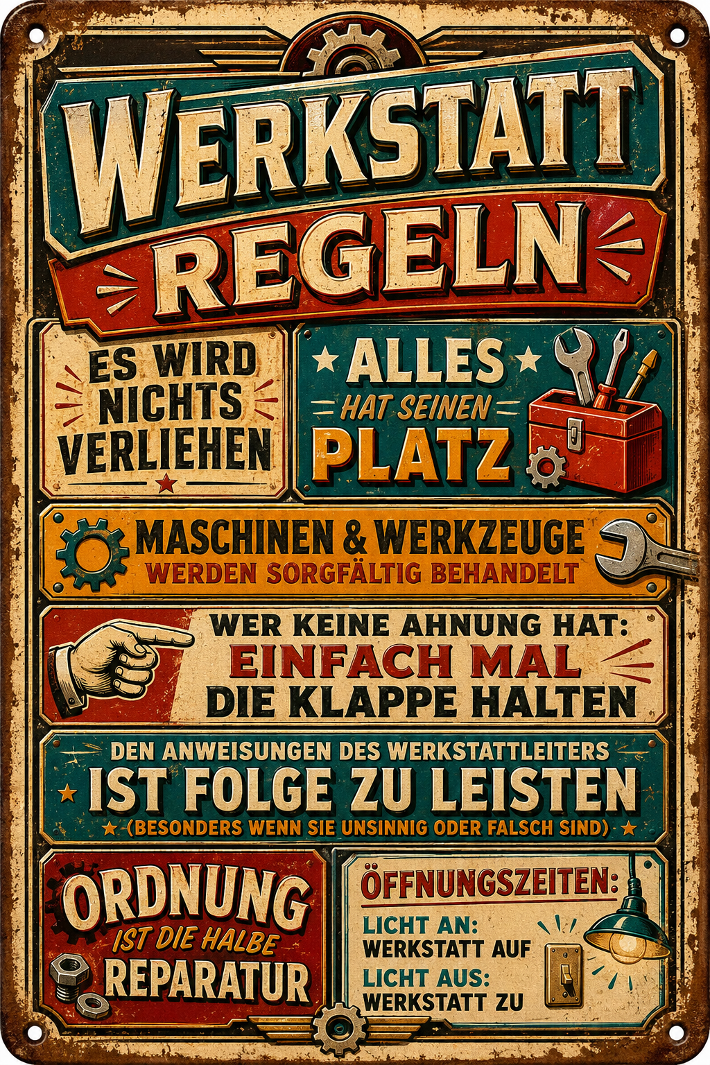 Werkstatt-Regeln Metallschild – Retro-Werkzeugkasten von Leotie – Titelbild mit Schimmereffekt, 20 × 30 cm