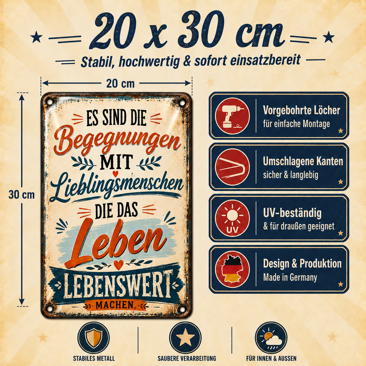 Lieblingsmenschen Metallschild – Begegnungen von Leotie – Maße und Produkteigenschaften, 20 × 30 cm