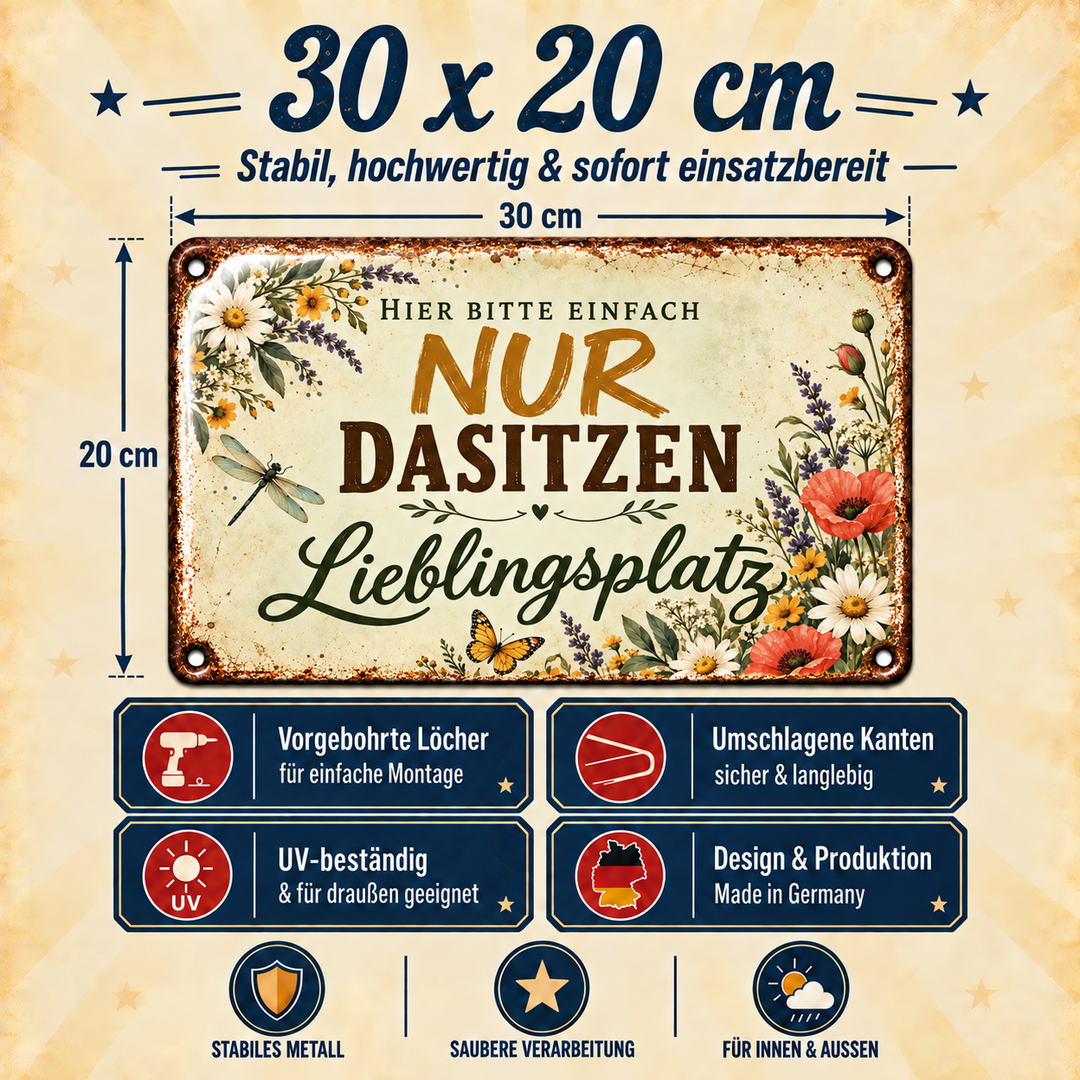 Lieblingsplatz Metallschild – Einfach nur dasitzen von Leotie – Maße und Produkteigenschaften, 30 × 20 cm