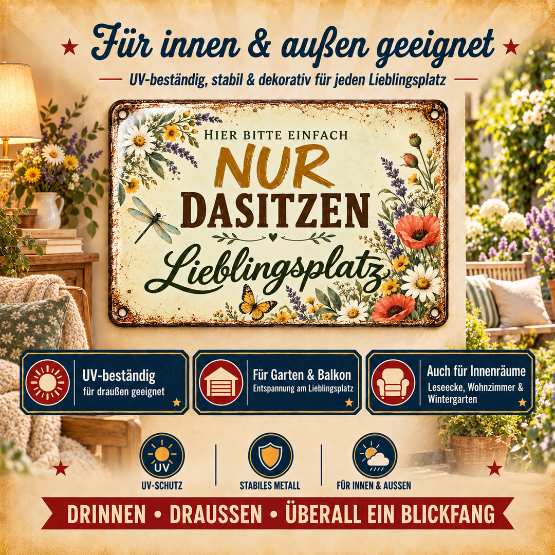 Lieblingsplatz Metallschild – Einfach nur dasitzen von Leotie – Dekoration für innen und außen, 30 × 20 cm