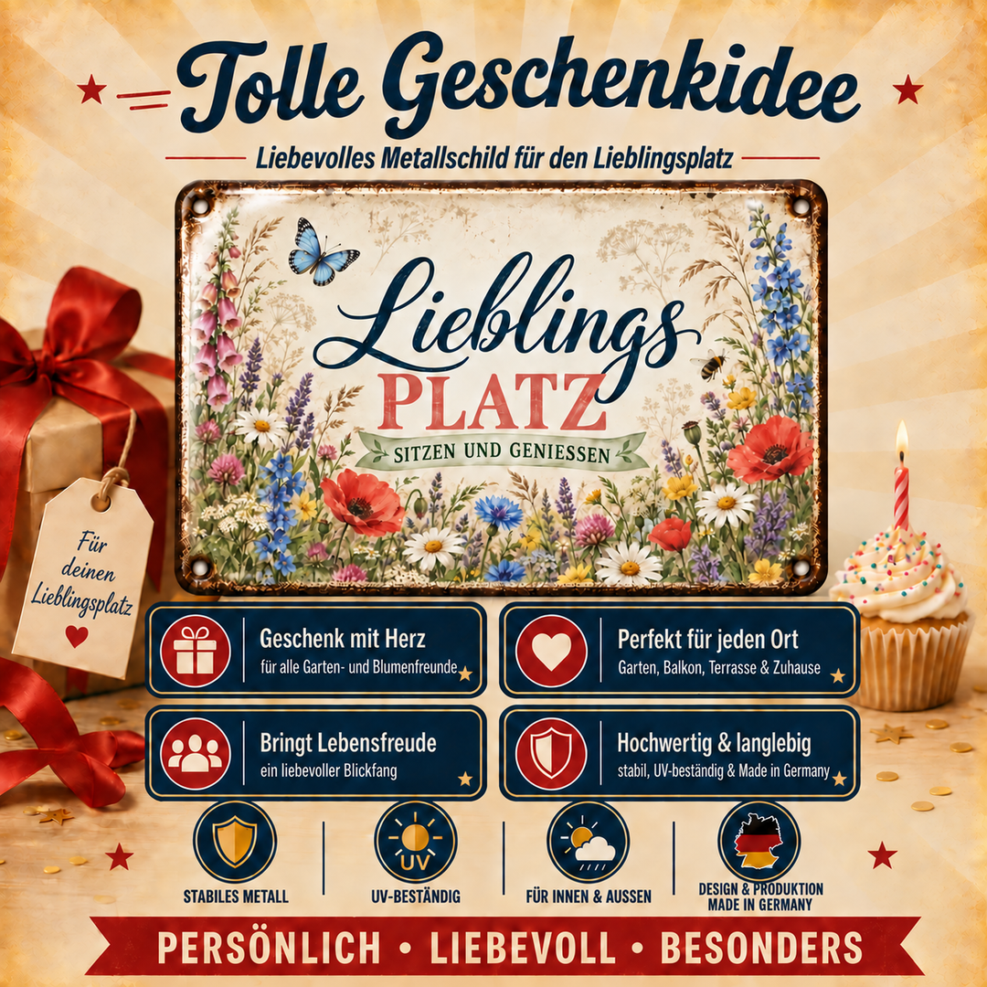 Lieblingsplatz Metallschild – Sitzen und genießen von Leotie – Geschenkidee, 30 × 20 cm