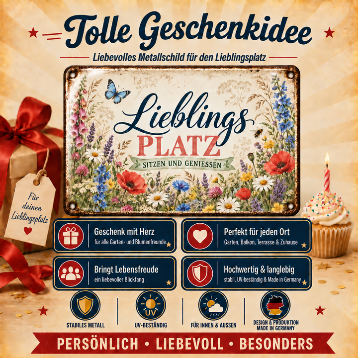 Lieblingsplatz Metallschild – Sitzen und genießen von Leotie – Geschenkidee, 30 × 20 cm