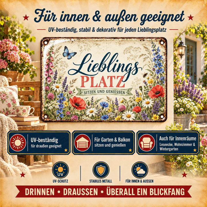 Lieblingsplatz Metallschild – Sitzen und genießen von Leotie – Dekoration für innen und außen, 30 × 20 cm