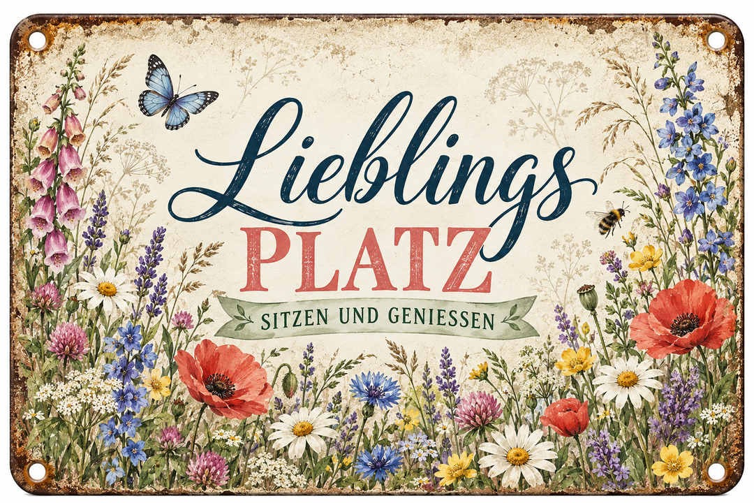 Lieblingsplatz Metallschild – Sitzen und genießen von Leotie – Motivansicht, 30 × 20 cm