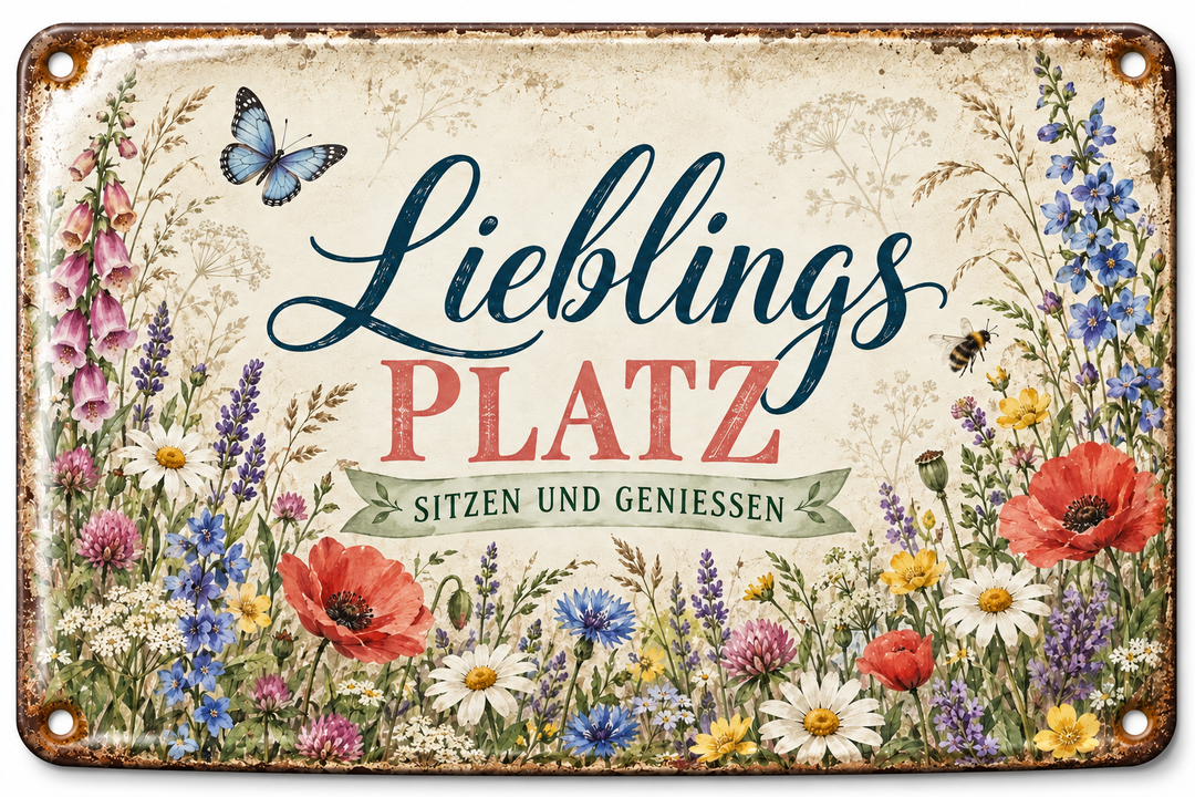 Lieblingsplatz Metallschild – Sitzen und genießen von Leotie – Titelbild mit Schimmereffekt, 30 × 20 cm