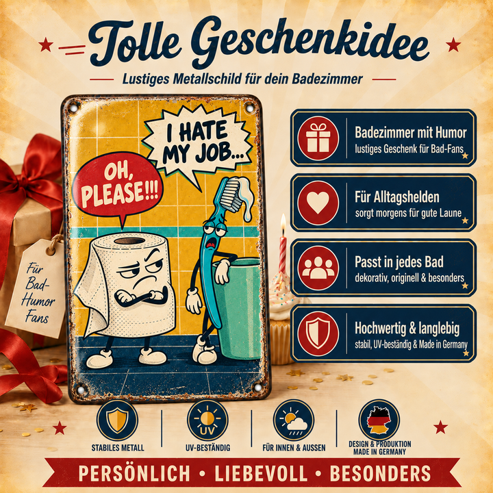 Lustiges WC-Metallschild – I hate my job von Leotie – Geschenkidee, 20 × 30 cm