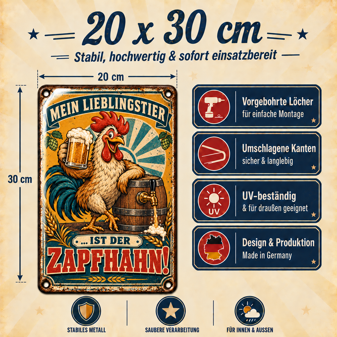 Mein Lieblingstier ist der Zapfhahn Metallschild von Leotie – Maße und Produkteigenschaften, 20 × 30 cm