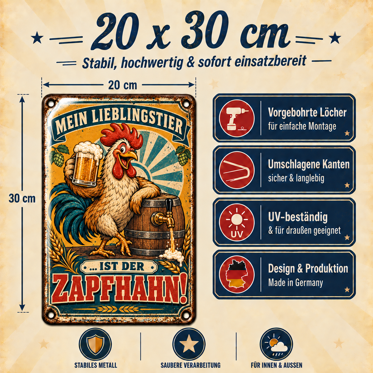 Mein Lieblingstier ist der Zapfhahn Metallschild von Leotie – Maße und Produkteigenschaften, 20 × 30 cm