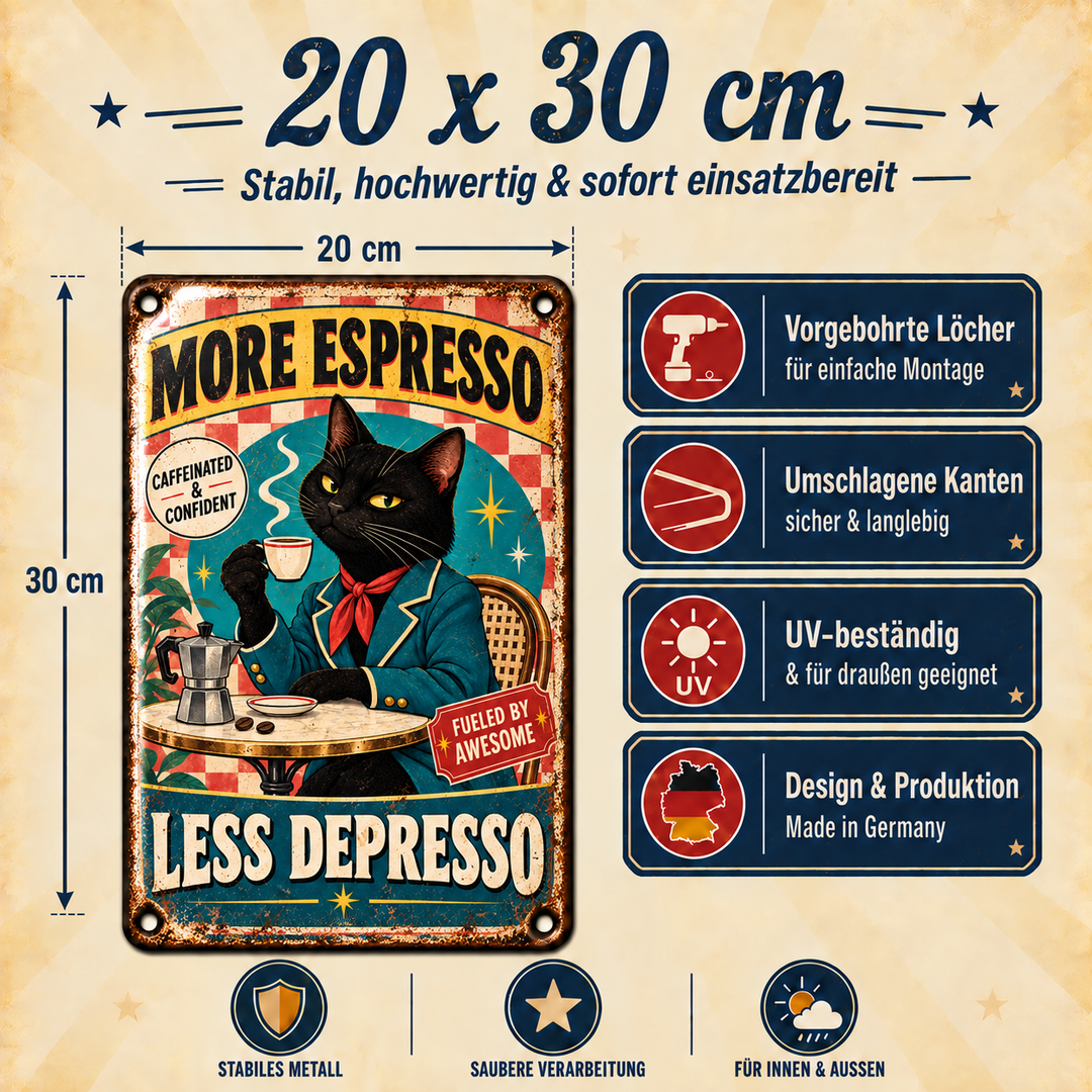 More Espresso Less Depresso Metallschild – Katze von Leotie – Maße und Produkteigenschaften, 20 × 30 cm