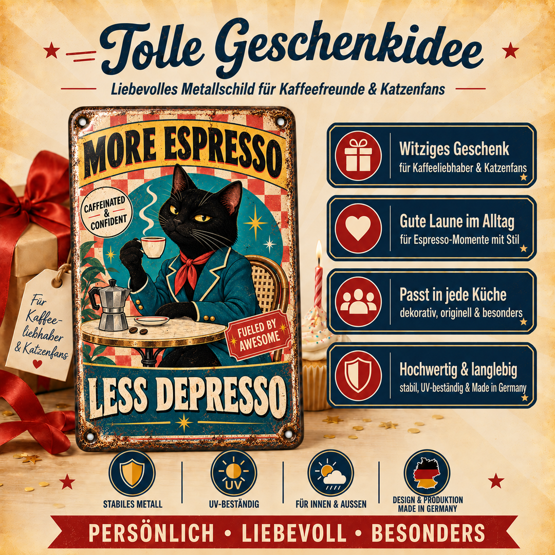More Espresso Less Depresso Metallschild – Katze von Leotie – Geschenkidee, 20 × 30 cm