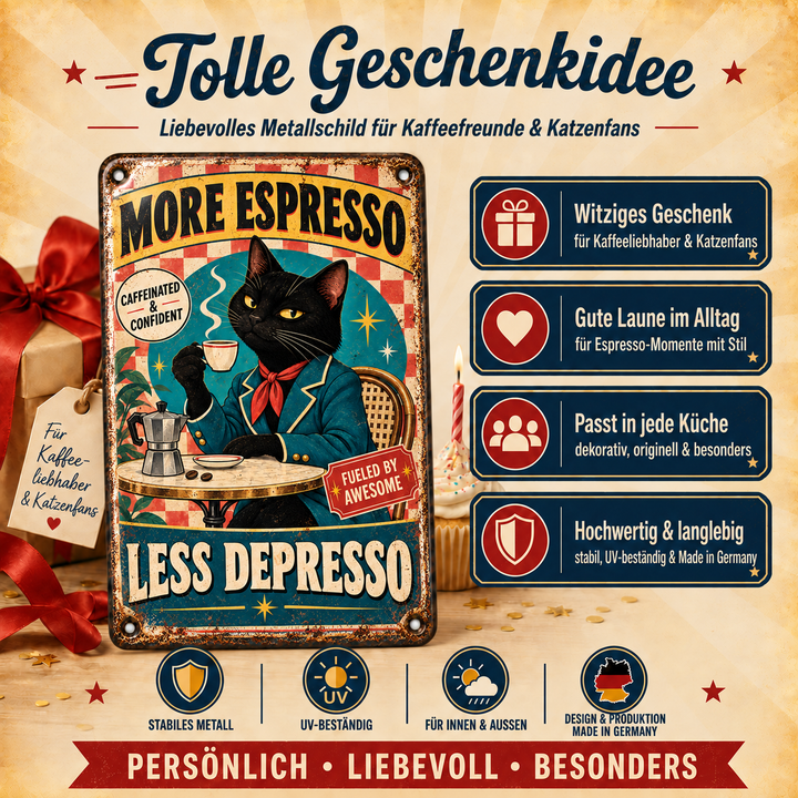 More Espresso Less Depresso Metallschild – Katze von Leotie – Geschenkidee, 20 × 30 cm