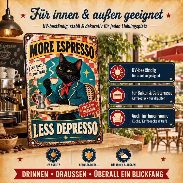 More Espresso Less Depresso Metallschild – Katze von Leotie – Dekoration für innen und außen, 20 × 30 cm