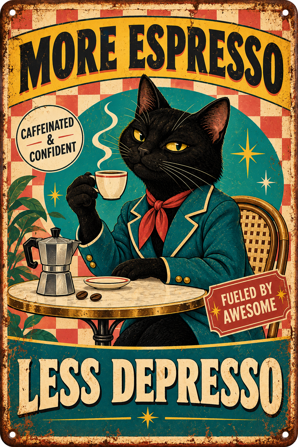 More Espresso Less Depresso Metallschild – Katze von Leotie – Motivansicht, 20 × 30 cm