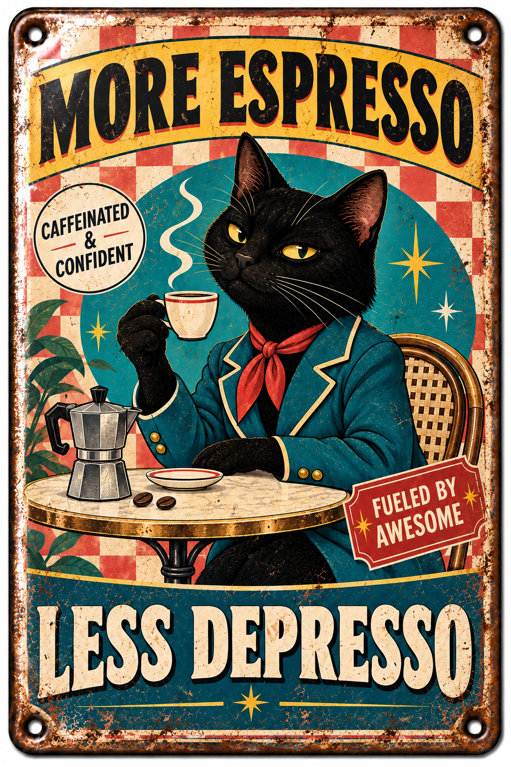 More Espresso Less Depresso Metallschild – Katze von Leotie – Titelbild mit Schimmereffekt, 20 × 30 cm